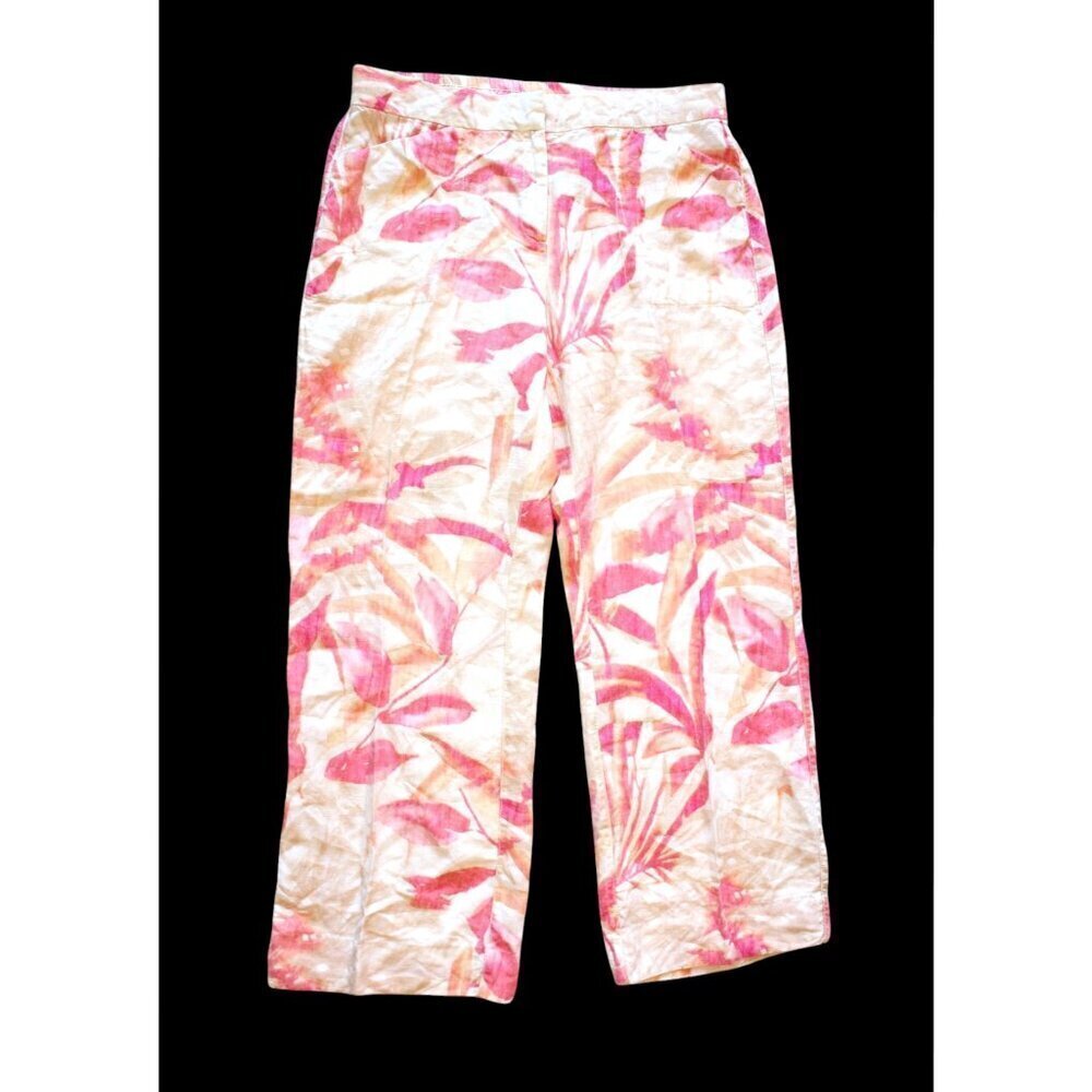 Chicos 100% Linen Pants Palm Tree 1.5 Regular W34XL30 Pockets wide leg Lagenlook